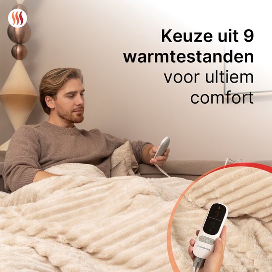 Seranova Elektrische Deken XXL - Extra Warmtedraden - Gestreept Model - 180x160 cm - 2 persoons Warmtedeken - Dubbelzijdig Fleece - Beige