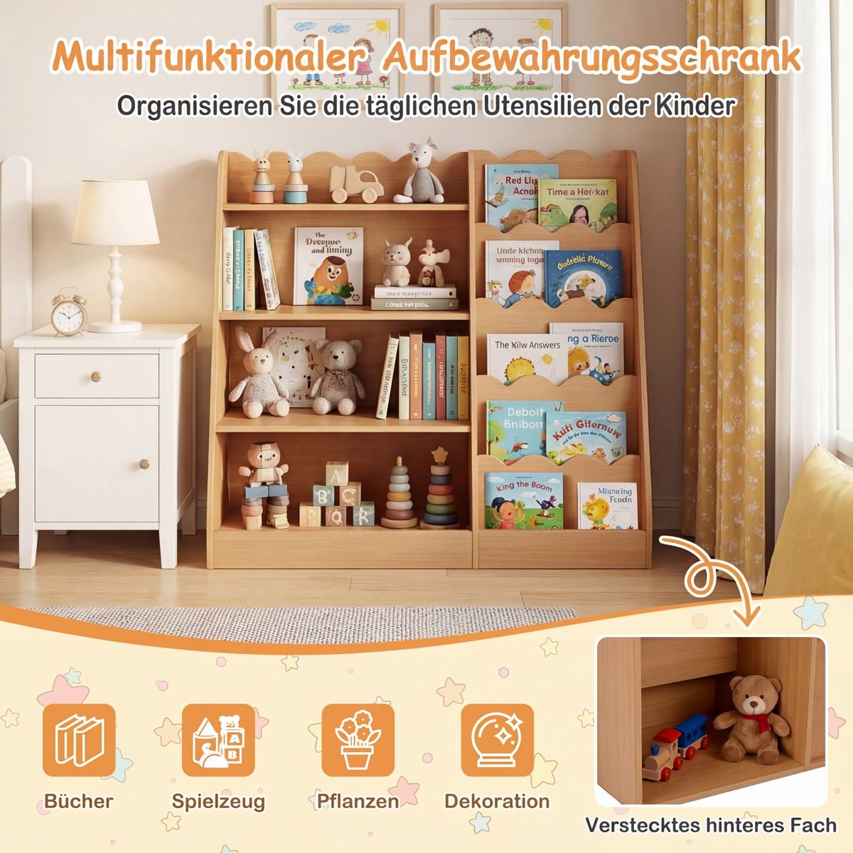 Coast Kinderboekenrek - 4 open vakken - verborgen opbergvak - hout - naturel