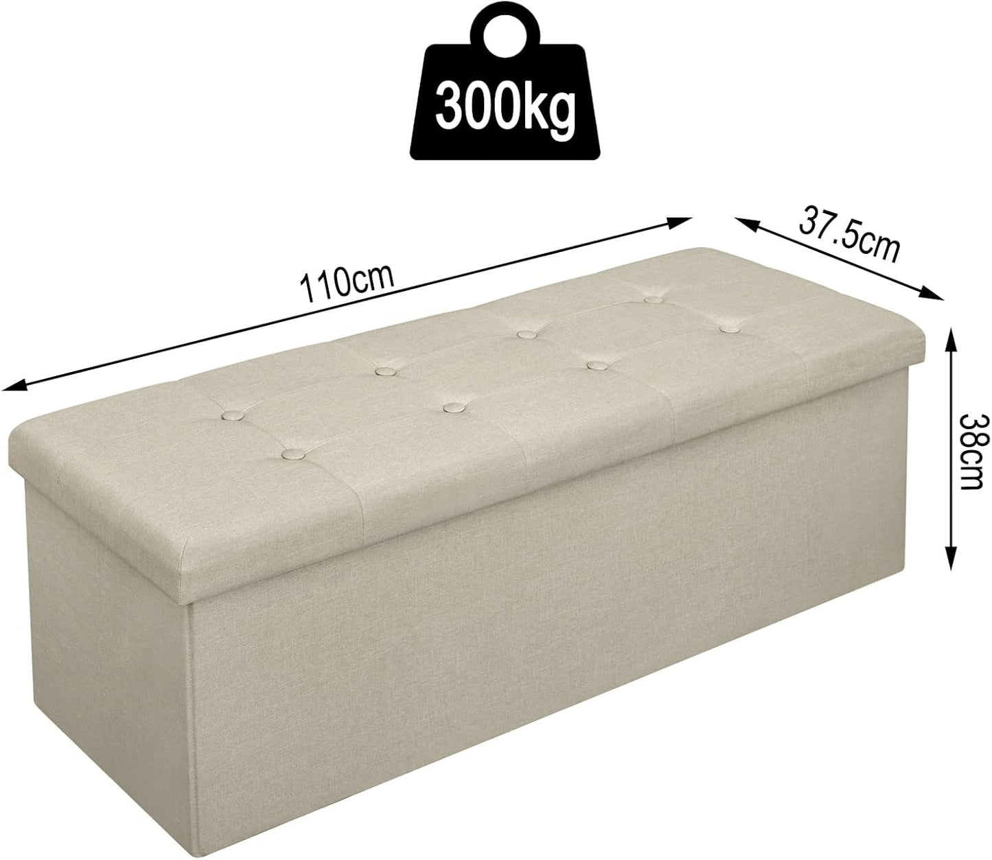 Woltu Opvouwbare Opbergbank met Opbergruimte - 118 Liter - 110 x 37,5 x 38 cm - Crème-Wit Linnen - Belastbaar tot 300 kg