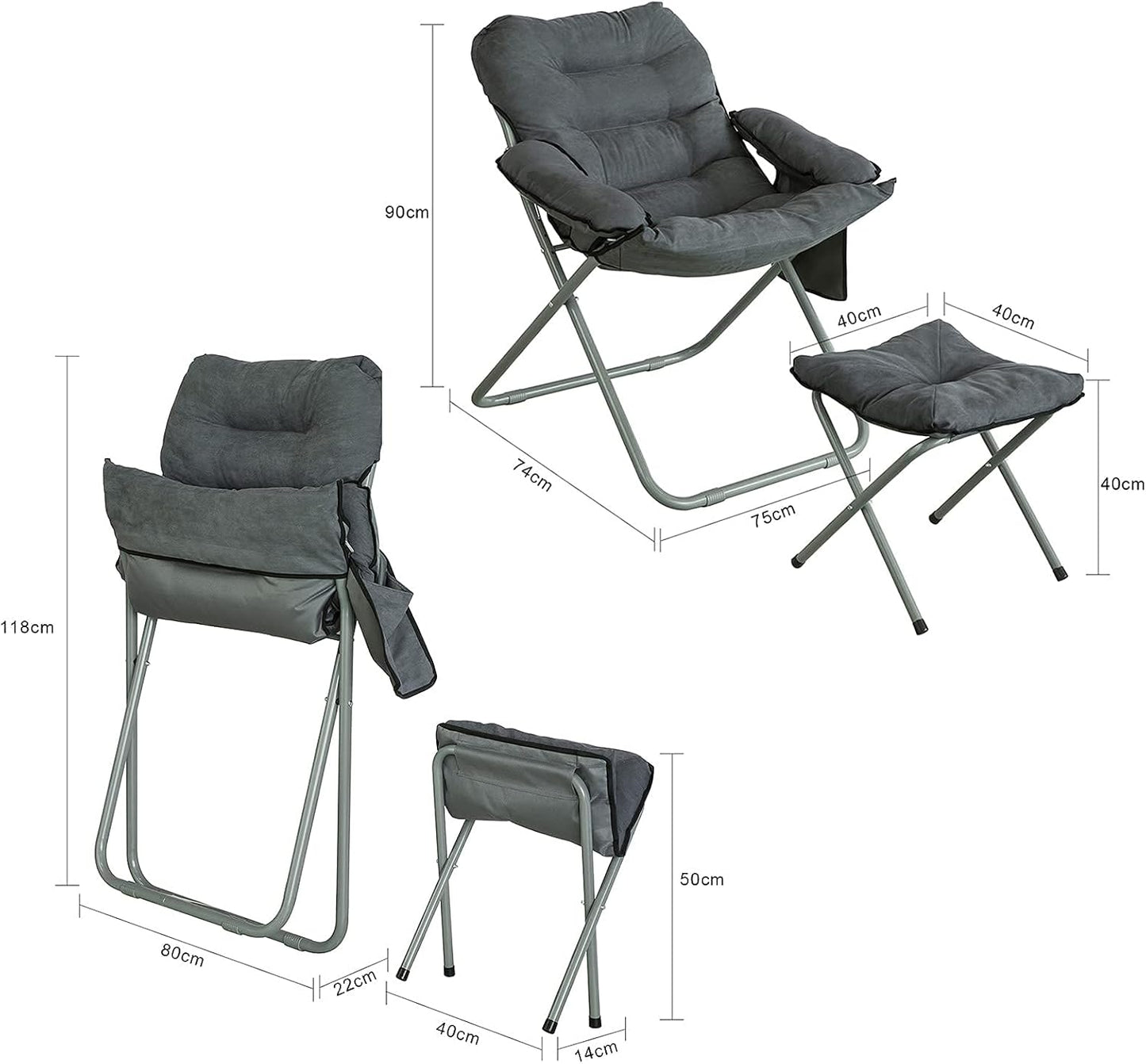 SoBuy Campingstoel met voetensteun - Inklapbaar - Comfortabel - Max. 150 kg - Grijs