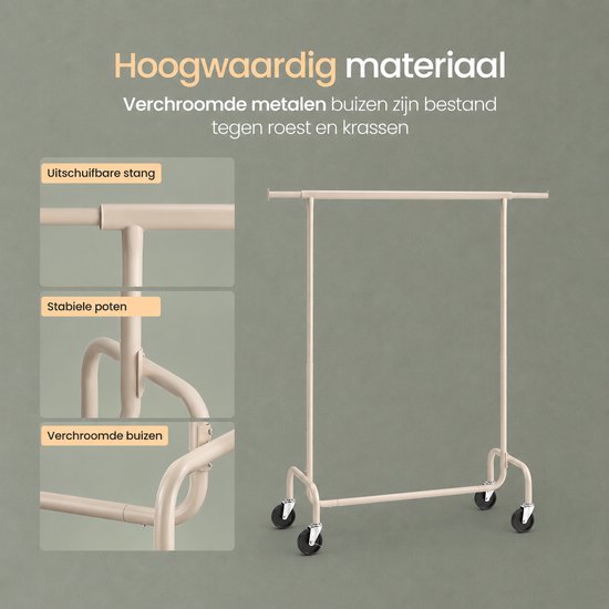 O'DADDY® Kledingrek - Kledingrek op Wieltjes - Kledingrek metaal - Kleding rek - Kledingrekken - Garderoberek - Kledingstang - Kledingrek - Uitschuifbare Kledingstang - Verstelbare Hangstang - Stabiel tot 130 kg - Beige