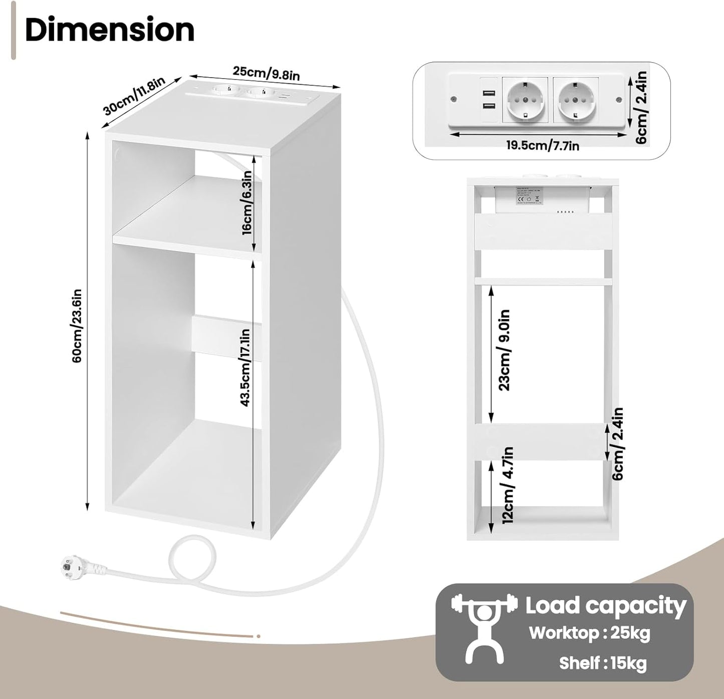Woltu 2x Nachtkastje met USB en Stopcontact – Wit – 25 x 30 x 60 cm – Compact en Modern Design