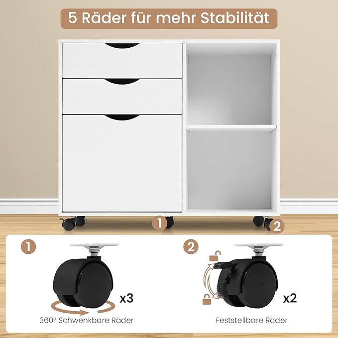 WOLTU ASK13ws rollcontainer - mobiel ladeblok voor kantoor - 3 lades - wit - 80 x 69,5 x 39,5 cm