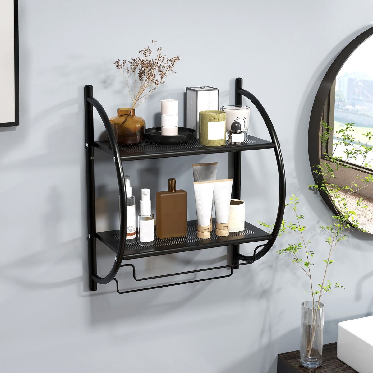 Coast Handdoekhouder voor de badkamer - wandmodel - met planken en handdoekstangen - zwart 45 x 25,5 x 55 cm