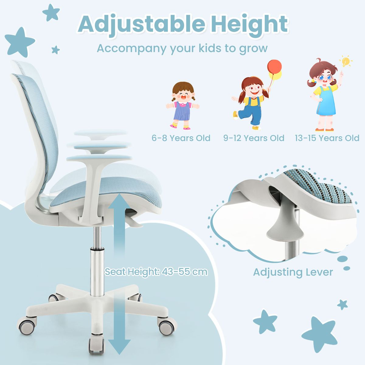 Coast Kinderdraaistoel - in hoogte verstelbaar - ergonomische rugleuning en armleuningen - blauw