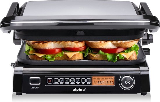 alpina Contactgrill 2100W - Tosti Apparaat met 7 Grill Standen - Tafelgrill met Uitneembare Platen - Panini Grill 37,6 x 33,1 cm - Anti-Aanbaklaag - RVS/Aluminium