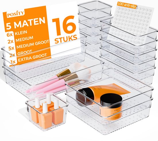 Posity Lade Organizer - 16 Stuks - Organizer Bakjes - Lade Bakjes - Opbergbakjes - Make-up Organizer - Voor Keuken, Badkamer & Bureau - Kunststof - Transparant