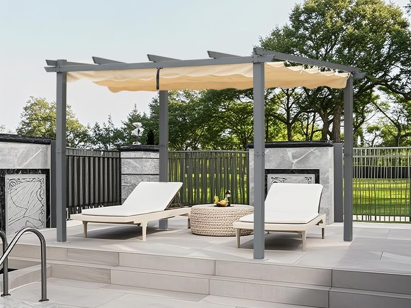 Angel Living Aluminium Pergola - Intrekbaar Dak - Elegant Ontworpen - Paviljoen - Prieel - met Water- en UV-Bestendig Polyesterdoek - Beige - 3 x 3 m