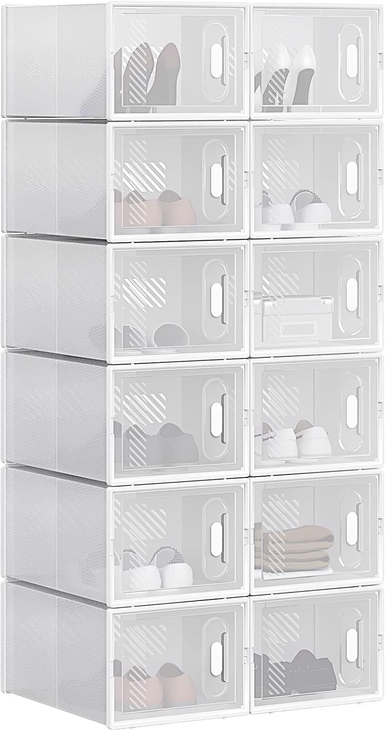 Woltu Schoenendozen Transparant Wit - 12 Stuks - Stapelbaar & Opvouwbaar - Met Voorklep - 25x19x35 cm