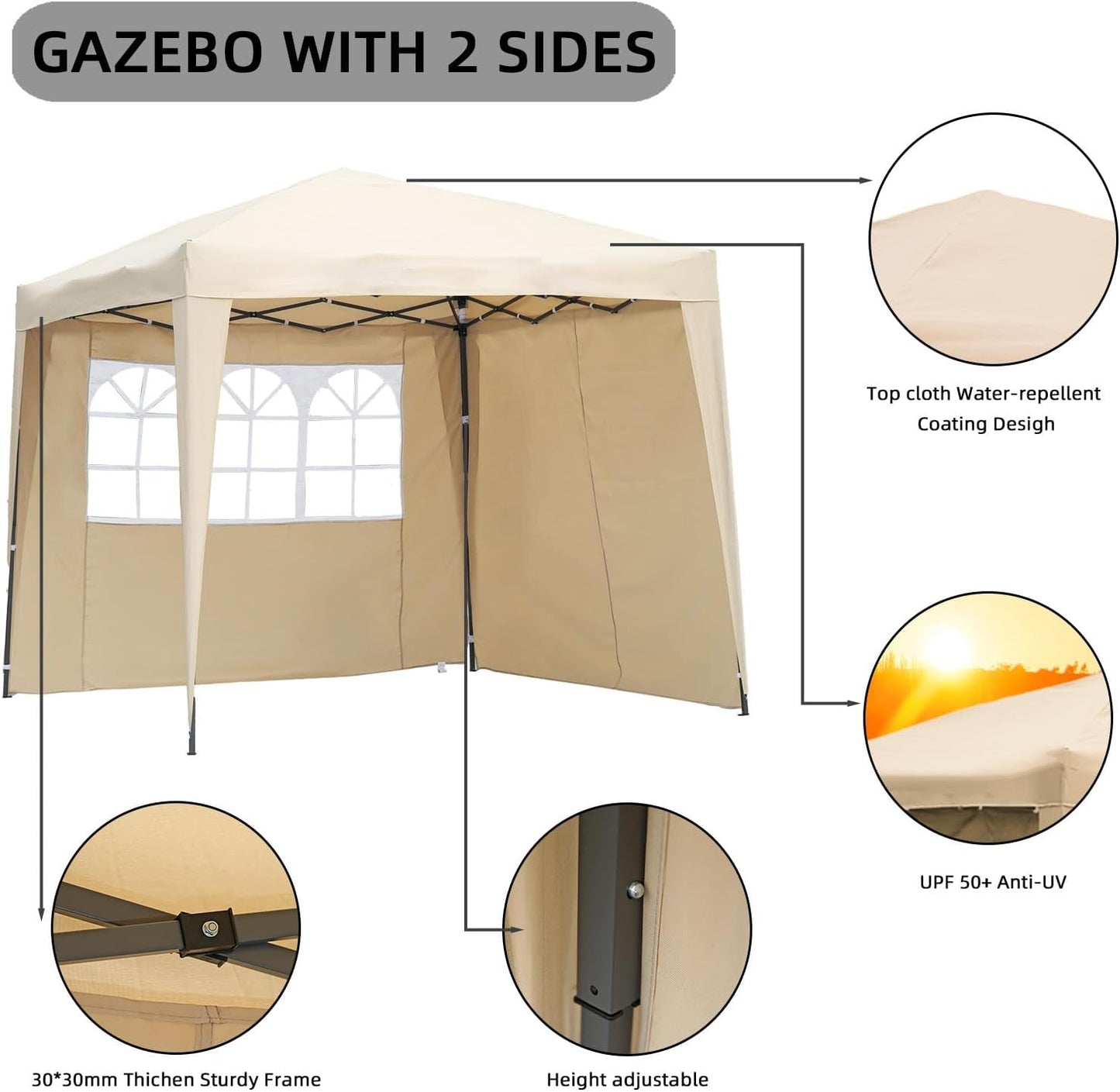 Angel Living Partytent - Easy Up - Met 2 Zijwanden - 250 x 250 x 250 cm - Beige