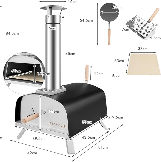 Coast Pizzaoven – Incl. Accessoires & Pizzasteen – 42 x 81 x 84,5 cm – Zwart