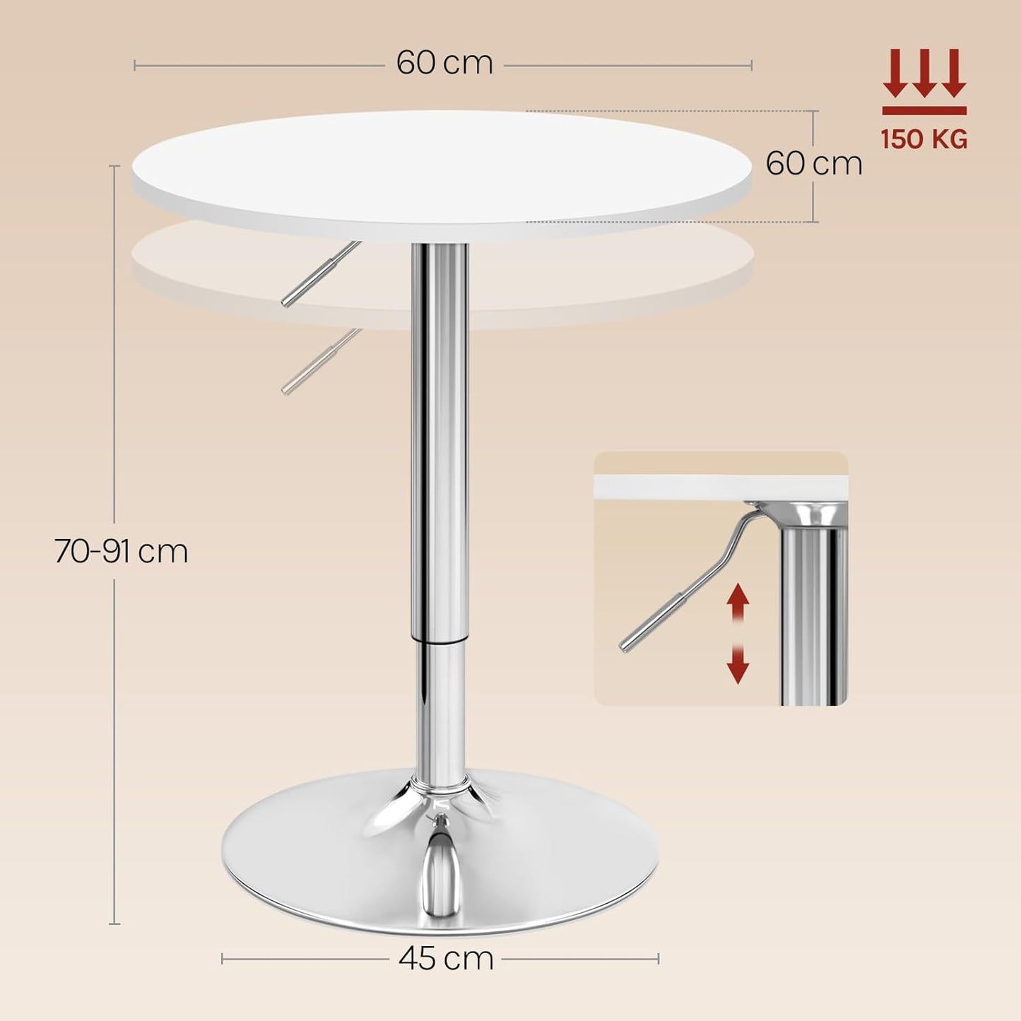 Woltu BT02ws Bartafel verstelbaar - Rond 60x60 cm - Hoogte 68-88 cm - Wit
