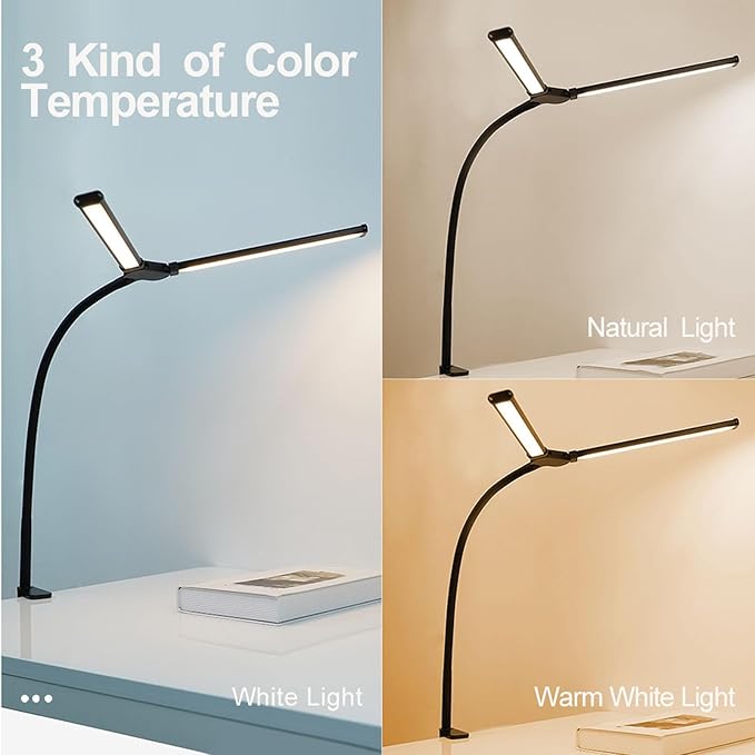 Skoov Led-Bureaulamp voor Kantoor Thuis, Heldere Dubbele Kop Bureaulamp met 3 Kleuren Traploos Dimbaar, Lamp Flexibele Zwanenhals Bureauverlichting voor Architect Thuiskantoor USB 5V