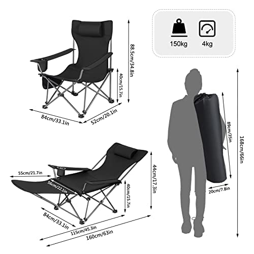 Woltu Vouwstoel Set van 2 - Lichtgewicht Campingstoel met Uittrekbare Voetensteun en Afneembare Hoofdsteun - Zwart - 115x84x88,5 cm