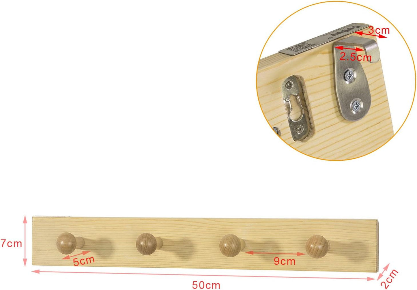 SoBuy Wandkapstok - 50 x 7 x 7 cm - Natuurlijk Hout - 4 Haken