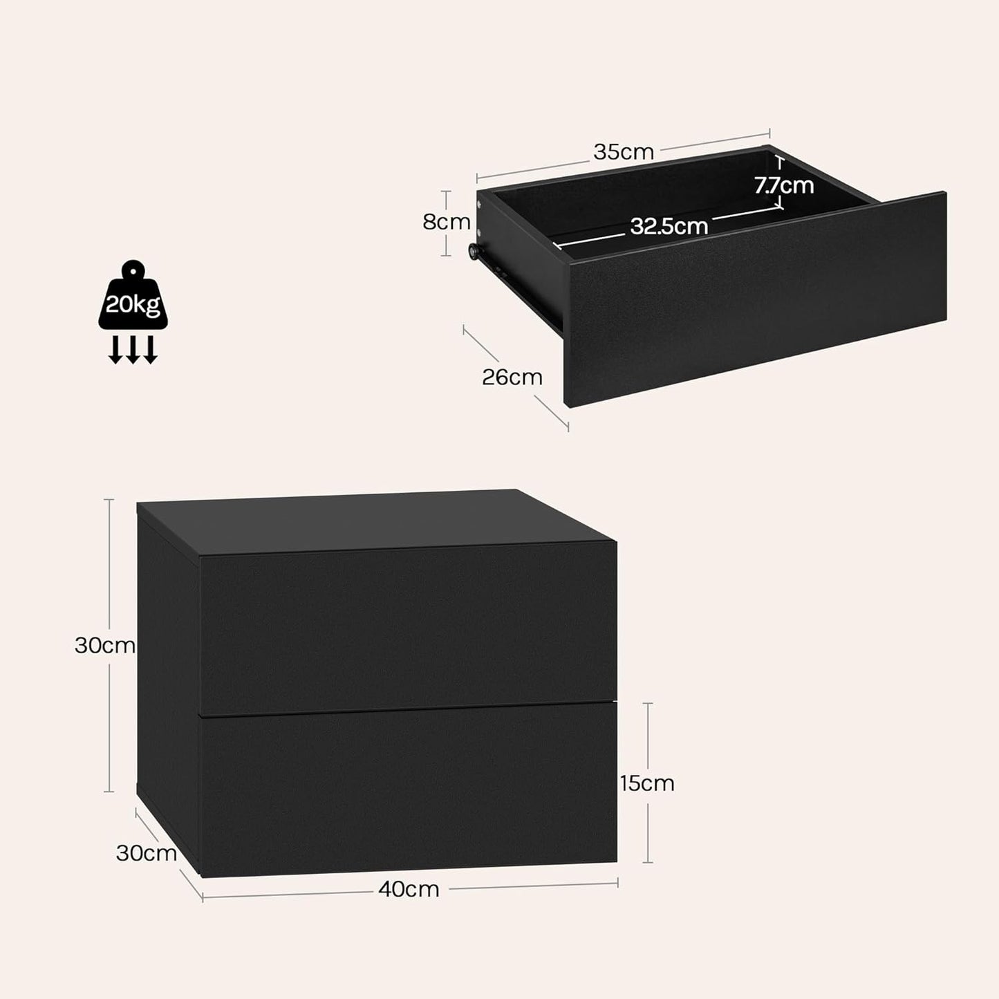 Woltu Zwevende Nachtkastjes Set van 2 – Zwart – 40 x 30 x 30 cm – Modern Wandnachtkastje met Lade