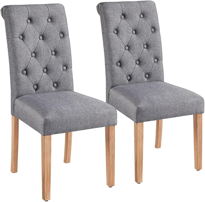 Yaheetech Eetkamerstoelen Set van 2 Donkergrijs – Stoffen Stoelen met Hoge Rugleuning en Gewatteerde Zitting