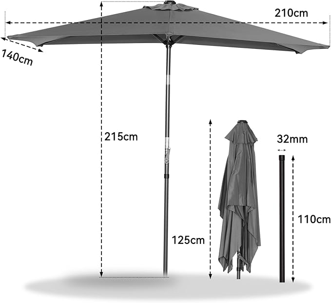 Angel Living Tuniparasol - 210 x 140 cm, met Zwengel - Kantelbaar - UV 50+ - Rechthoekig