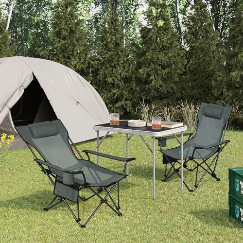Woltu Set van 2 Opvouwbare Campingstoelen met Verstelbare Rugleuning en Bekerhouder - Grijs