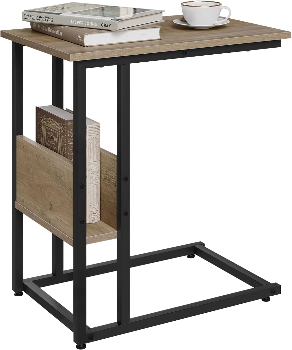 Woltu C-vormige Bijzettafel met Opbergrek - Grijze Houtlook - Metaal - 55 x 36 x 59,5 cm