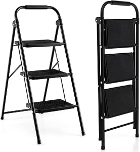 Coast Step Ladder met 3 niveaus opvouwbare klimhulp met niet -slip stappen 64 x 39 x 90 cm zwart