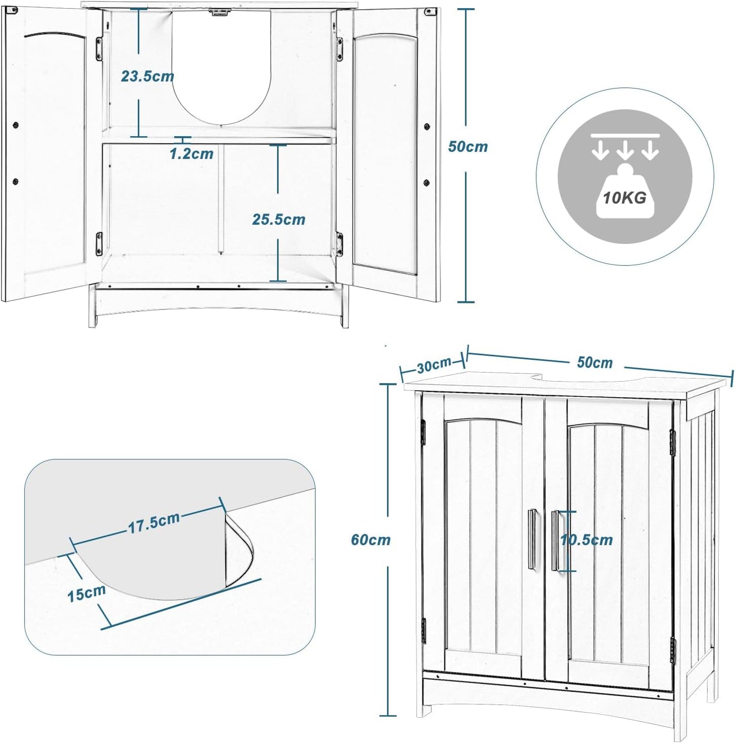 Eugad Wastafelonderkast wit - badkamerkast met deuren en verstelbare plank - 50 x 30 x 60 cm