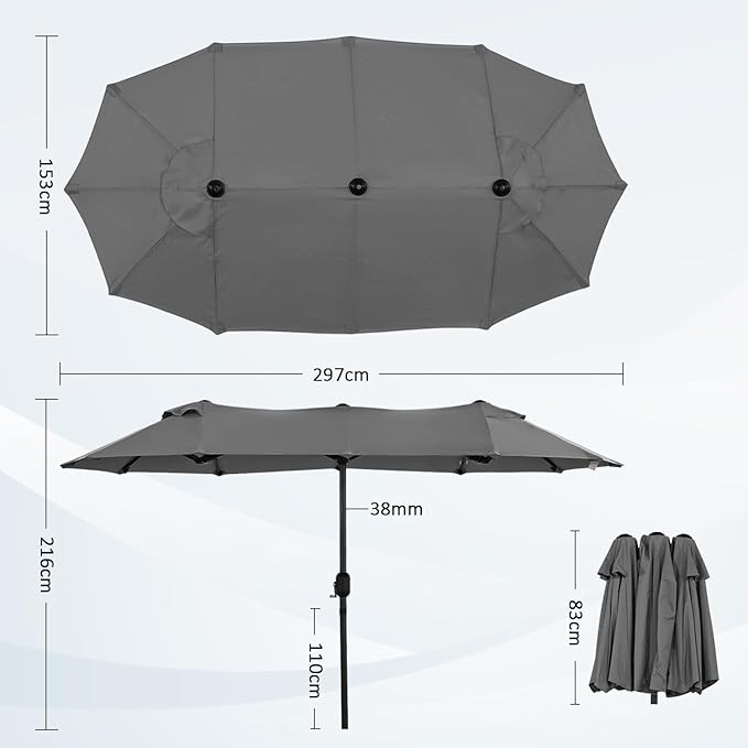 Angel Living Double Parasol - 460 x 270 cm - with Crank Large Parasol Market Umbrella - UPF 50+ - grey - 2.97x1.53cm