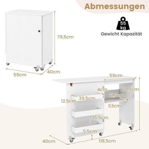 Coast Naaitafel Wit – Opvouwbare Hobbytafel op Wielen met Opbergruimte en 3 Verborgen Bakken – 118,5 x 40 x 79,5 cm