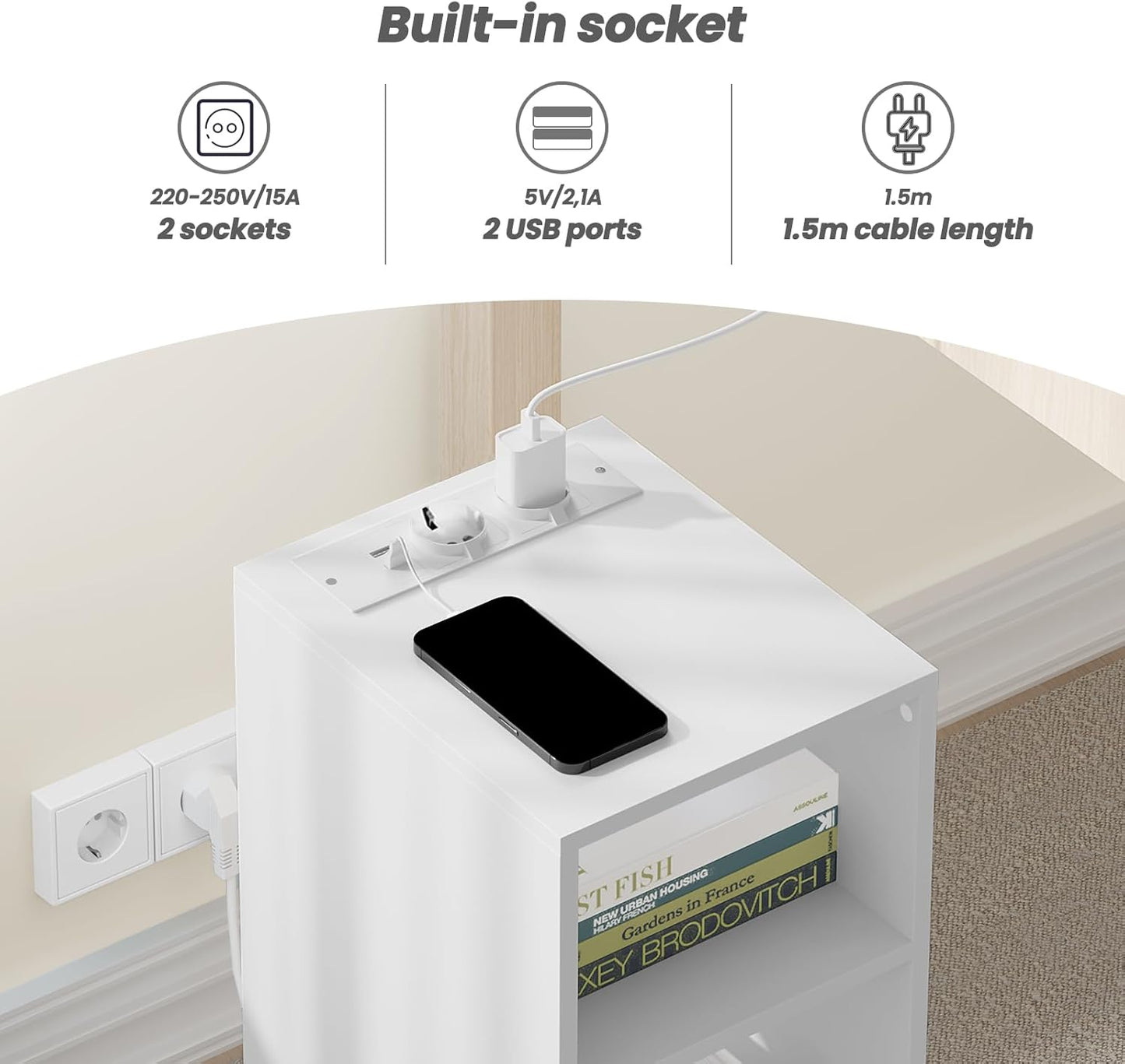 Woltu 2x Nachtkastje met USB en Stopcontact – Wit – 25 x 30 x 60 cm – Compact en Modern Design