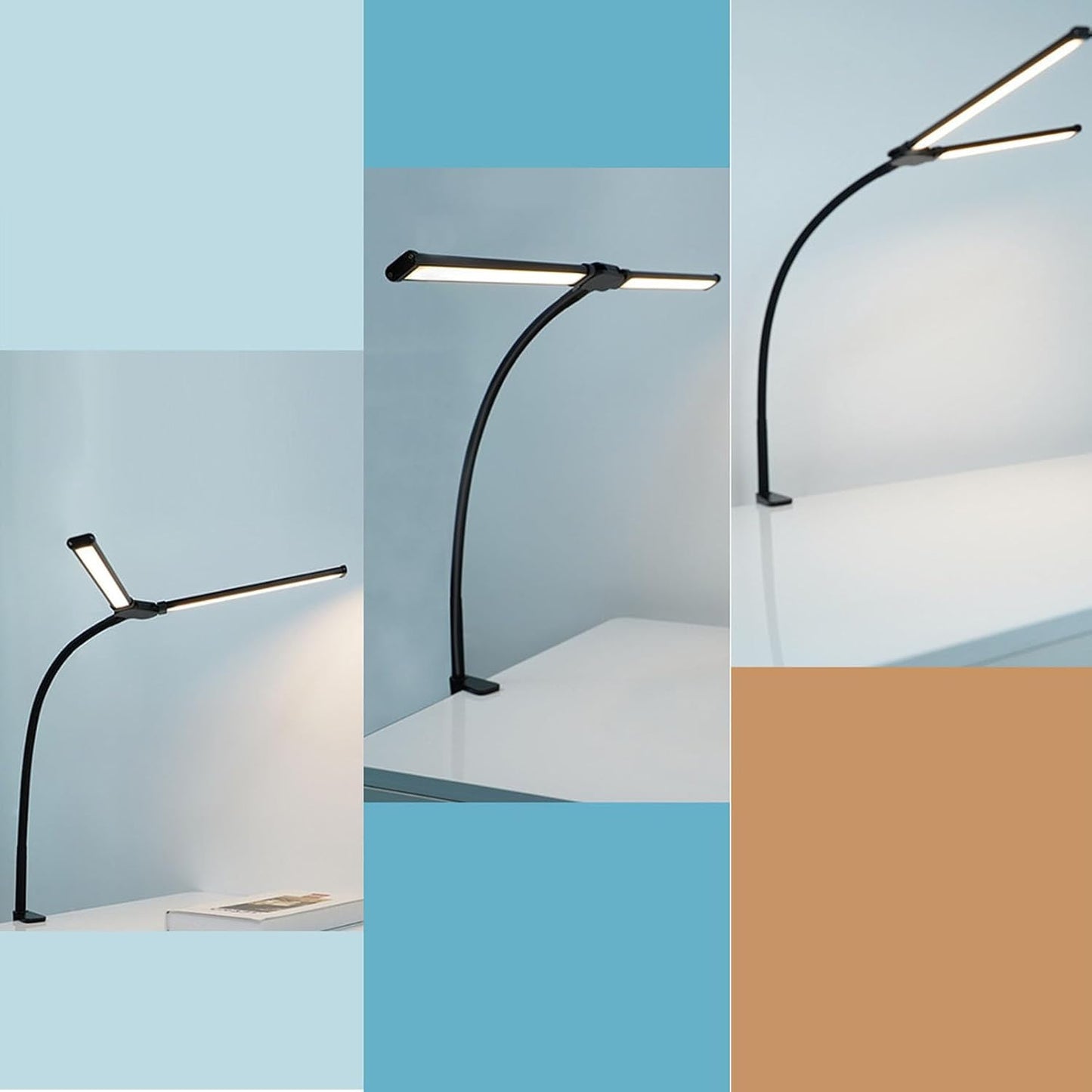 Skoov Led-Bureaulamp voor Kantoor Thuis, Heldere Dubbele Kop Bureaulamp met 3 Kleuren Traploos Dimbaar, Lamp Flexibele Zwanenhals Bureauverlichting voor Architect Thuiskantoor USB 5V