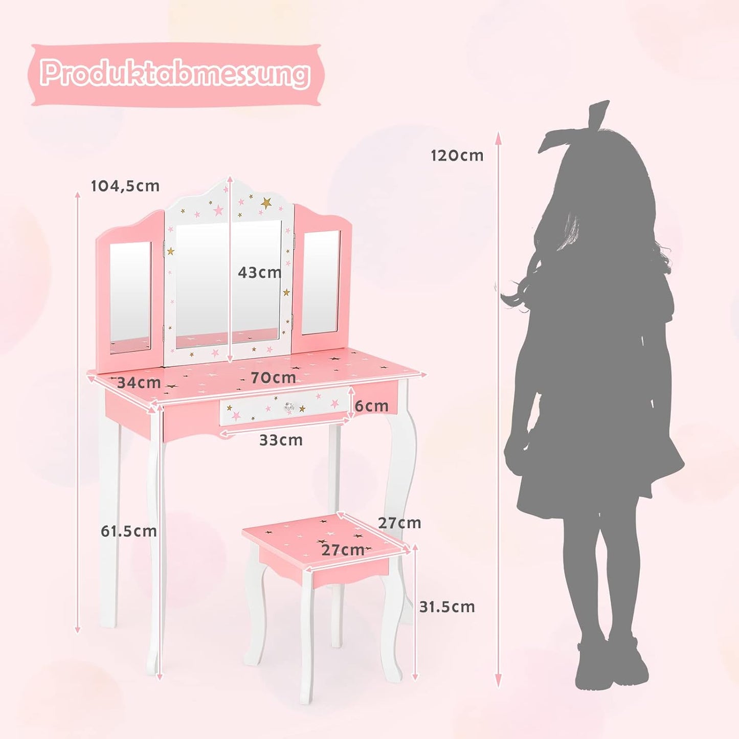 Coast Kinderen Krandtafel Princess Kappeldafel met lade opvouwbare spiegel met kaptafel roze