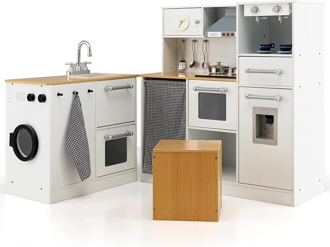 Coast – Eck Speelkeuken met Licht en Geluid – 79x29x81 cm – Wit & Natuur MDF – Inclusief Hocker en Accessoires – Realistisch Houten Speelgoed voor Kinderen vanaf 3 Jaar