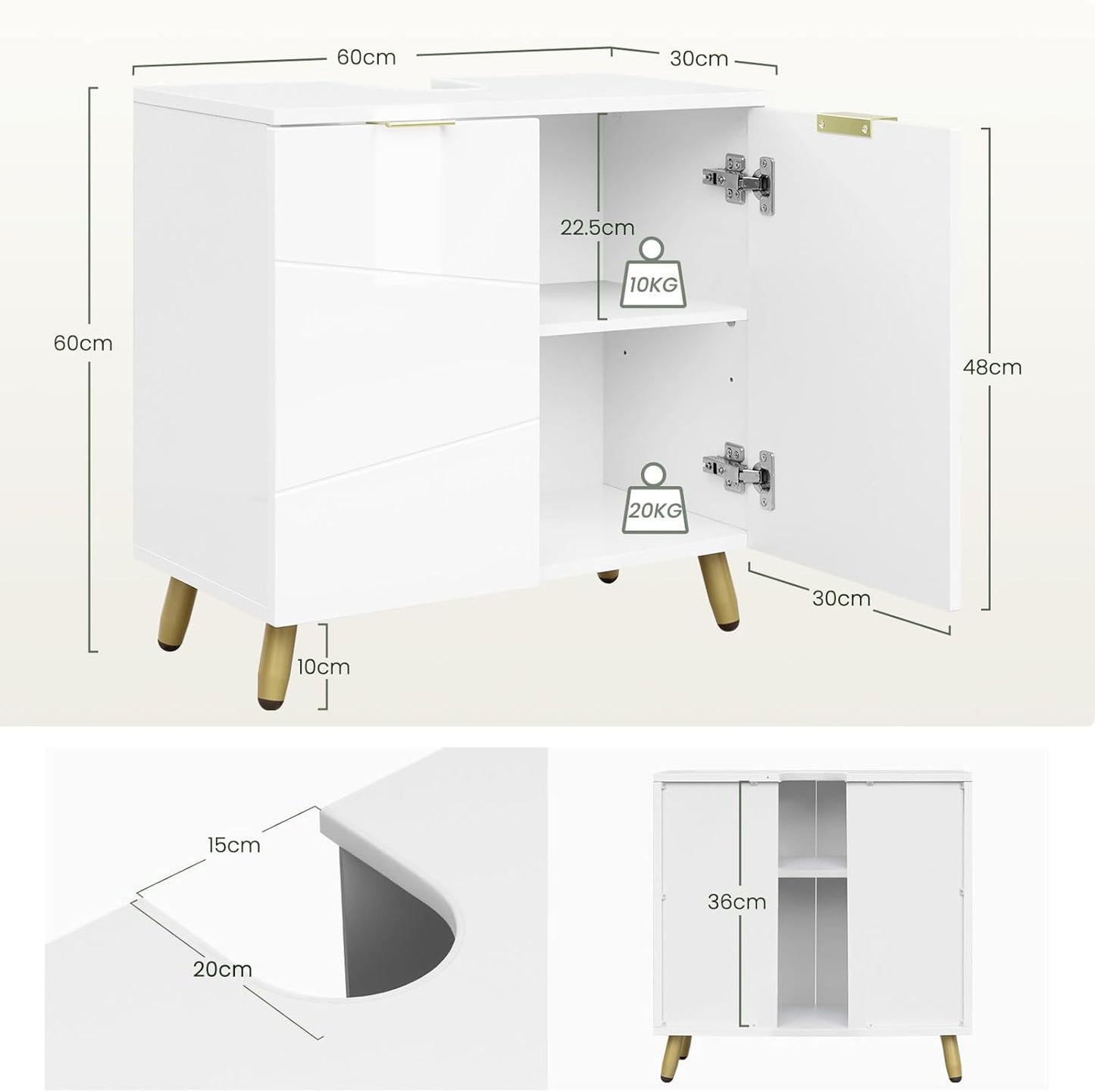 EUGAD Wastafelonderkast Wit Hoogglans - 60 x 60 x 30 cm - 2 Deuren