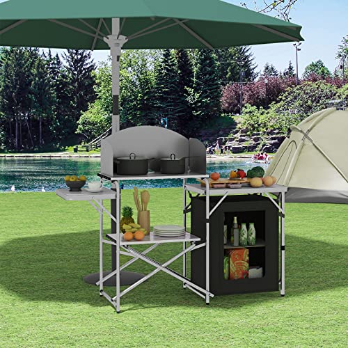 Woltu Campingtafel Zwart/Wit – Inklapbare Campingkeuken met Opbergtas – 147 x 40 x 111 cm