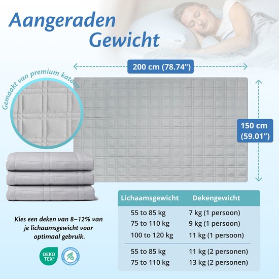 Ella Verzwaringsdeken 9 kg - OEKO-TEX Katoen Zwaartedeken 150 x 200cm - Weighted Blanket - Verzwaarde Deken - Cadeau voor Moederdag - Grijs