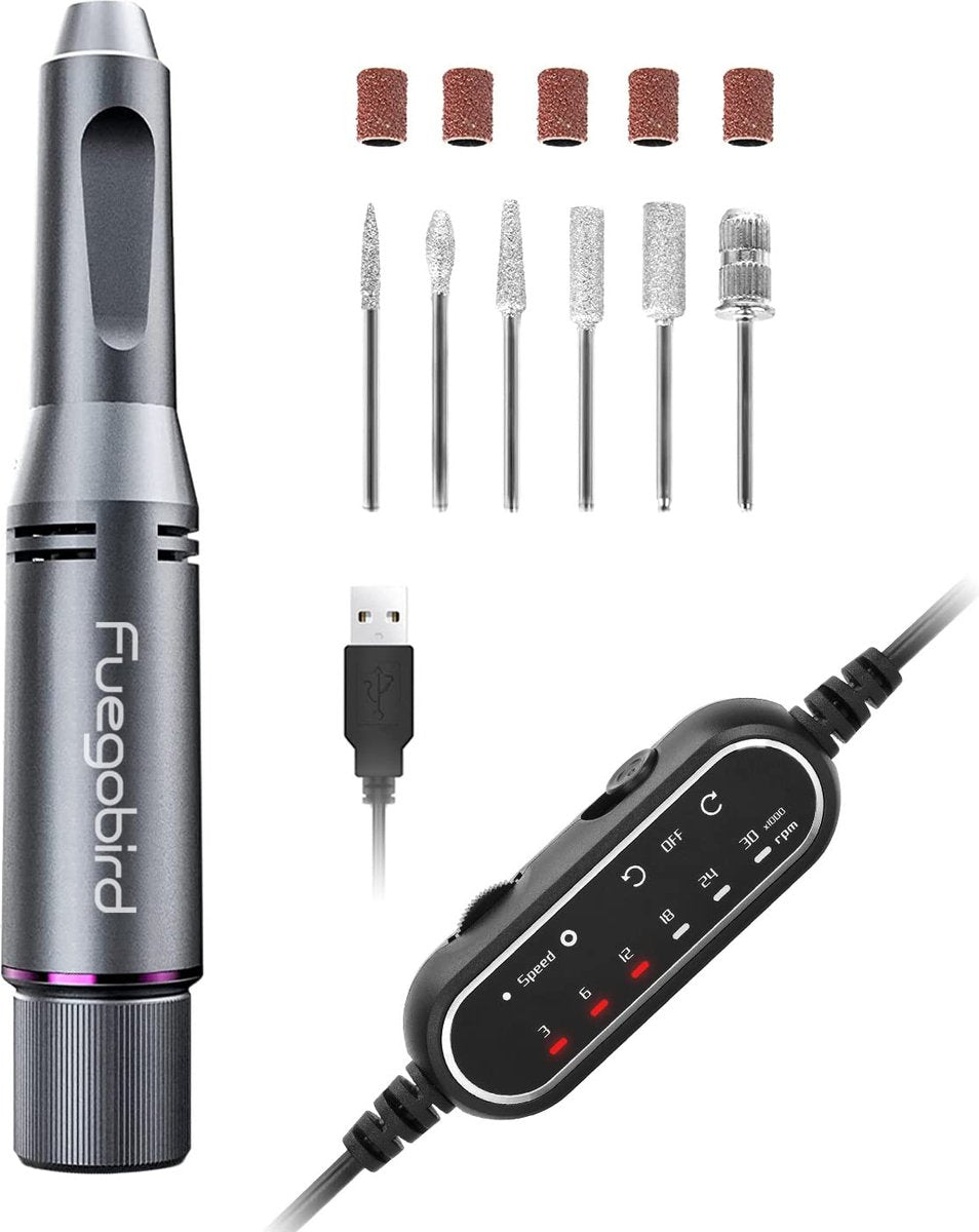 Fuegobird Elektrische Nagelvijl – Professionele Manicure & Pedicure Set – Draadloos – 30.000 RPM – 15 x 3,5 cm – Grijs
