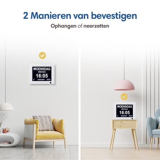 SafeLife Dementieklok XL - Digitale kalenderklok met datum en dag - Medicijnwekker, Alarmfunctie & Fotolijstfunctie - Alzheimerklok / Seniorenklok