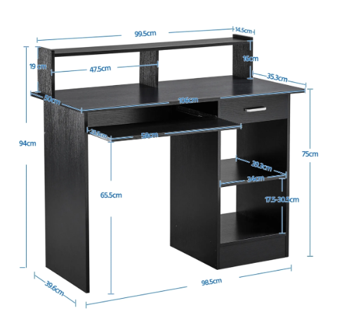 Yaheetech Bureau met Lade - Zwart - 106 x 50 x 94 cm - Computerbureau met Opbergvak
