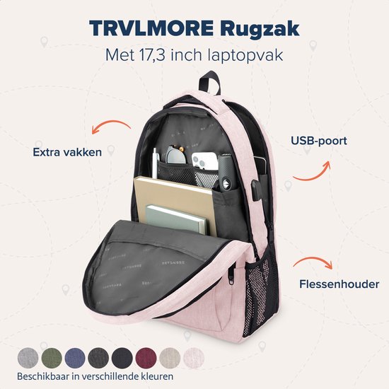 TRVLMORE Rugtas - 36L - 17,3 Inch - Laptop Rugzak met USB - Schooltas - Heren en Dames - Tas -Levenslange - Roze