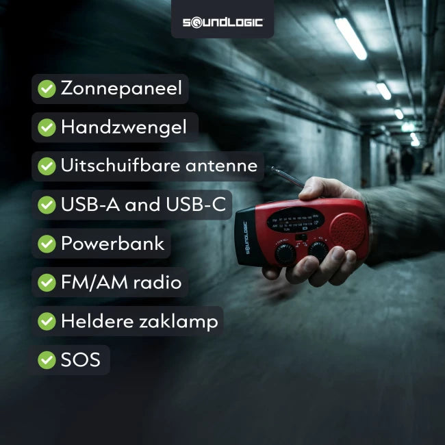 Soundlogic solar opwindbare noodradio - Powerbank 2000 mAh, zaklamp en SOS - Rood - 13 × 4,7 × 6,6 cm
