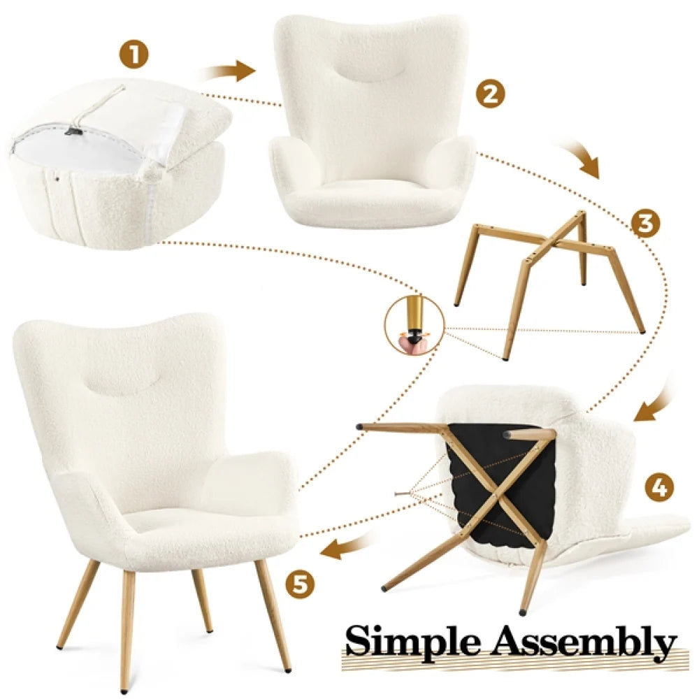 Yaheetech Bouclé Accent Stoel / Fauteuil 67,5x70x97,5 cm – Sfeervol Ivoor – Polyester Bouclé en Metaal