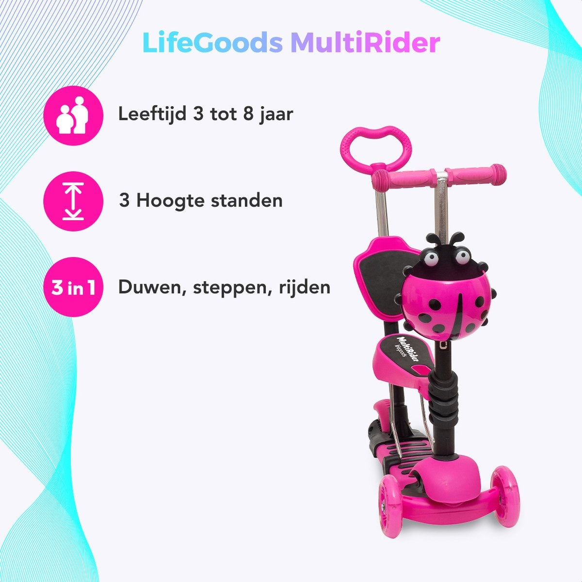 LifeGoods MultiRider - Kinderstep met Duwstang - 3 tot 8 Jaar - Jongens/Meisjes - 2 Lichtgevende Wielen - Roze