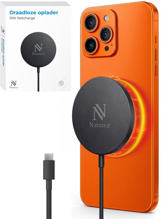 Nuvance Draadloze Oplader 15W - Draadloos Oplader - Geschikt voor MagSafe - USB C - Snellader - Wireless Charger - Zwart