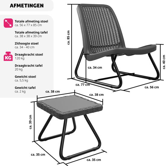tectake® - Tuinmeubelset voor 2 personen - Buitenmeubels weerbestendig voor balkon - Tuinloungeset - Terrasmeubilair - Zitgroep met 2x loungestoelen en 1x tuintafel bijzettafel - rotan look - grijs