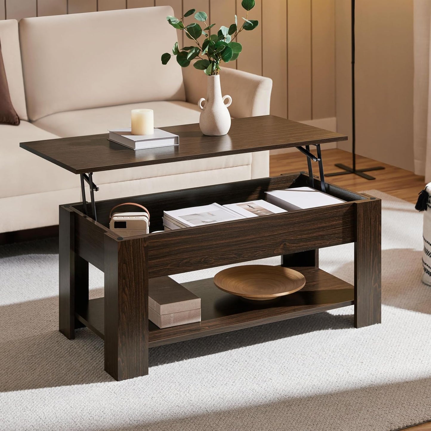 Yaheetech Salontafel 98 x 50 x 41,8 cm - Bruin - In Hoogte Verstelbaar - Uittrekbaar Tafelblad - Met Opbergruimte