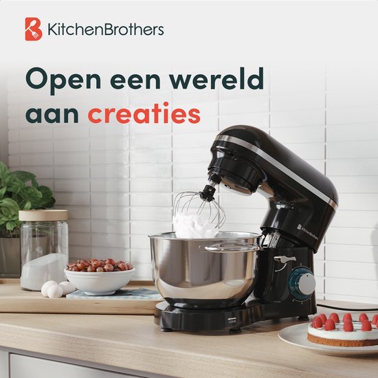 KitchenBrothers Keukenmachine – Incl. Mengkom & Opzetstukken – 1400 W – 38.7 x 23.8 x 31.4 cm – Zwart