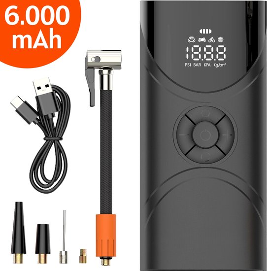 Draagbare luchtcompressor - elektrische fietspomp - bandenpomp voor auto, motor, fiets, bal, luchtbed - Krachtig: 6.000 mAh