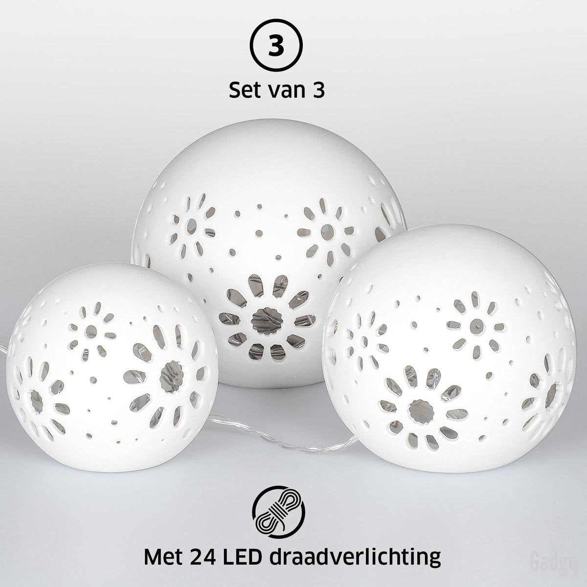 Gadgy Bollamp keramiek met Lichtsnoer - 3 st: Ø 8/10/12 cm - Tafellamp op Batterijen - Sfeerverlichting
