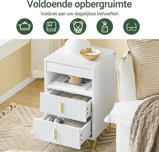 SoBuy Nachtkastje, nachtkastje met 3 laden en plank, moderne bijzettafel voor slaapkamer en woonkamer, wit, 40 x 40 x 63 cm (b x d x h) FBT168-W