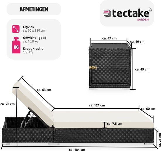 Tectake 2 luxe ligbedden met bijzettafel - Zwart - Inclusief beschermhoes - 401500